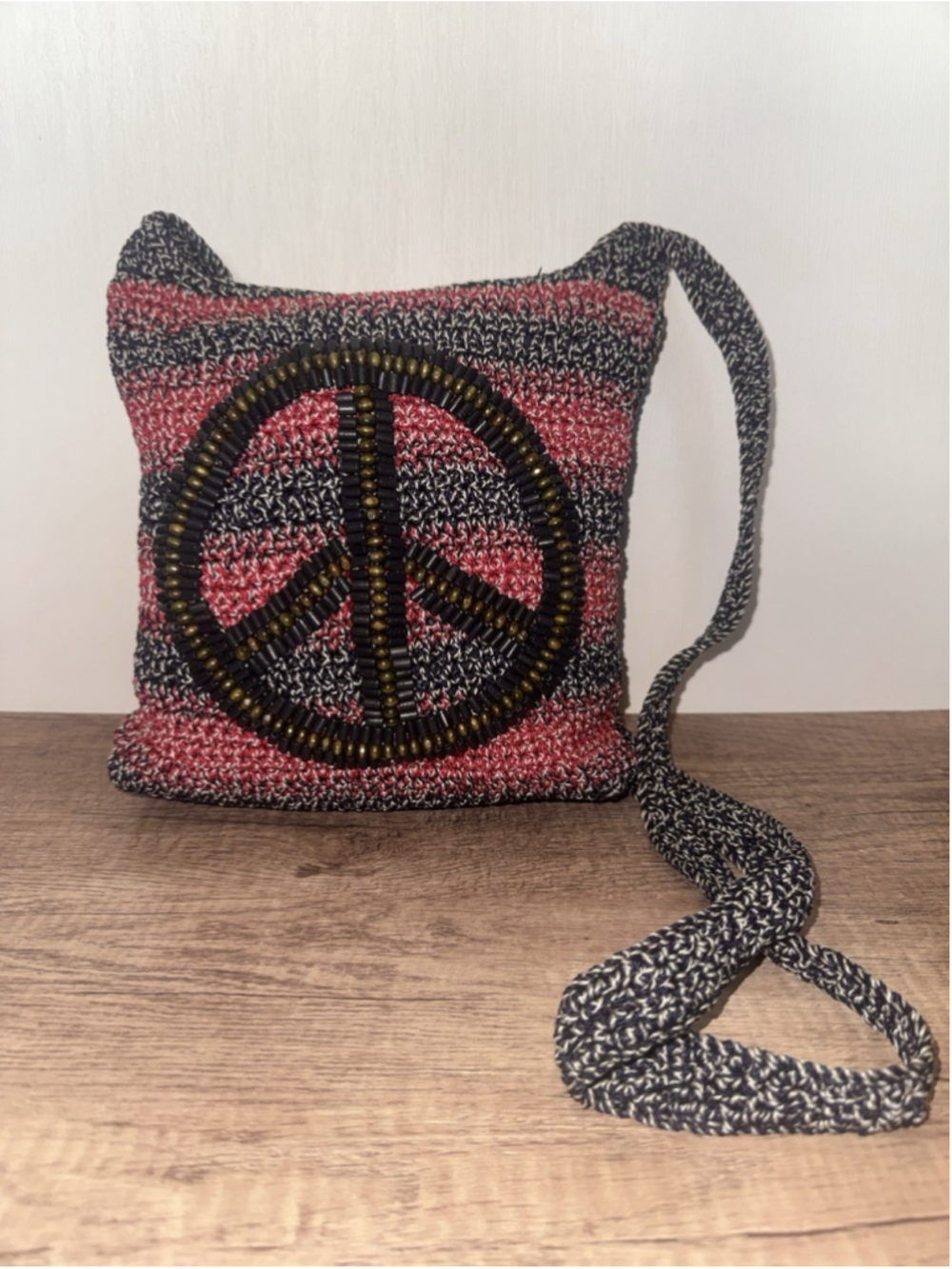 The Sak Crochet Crossbody Bag Beaded Peace Sign Boho Hippie Y2K Festival
